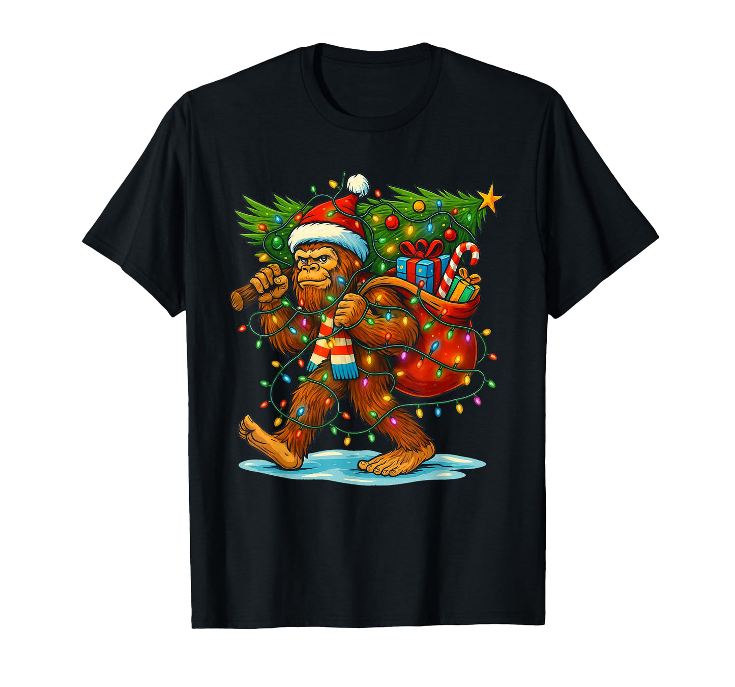 Bigfoot Christmas Tree Xmas Sasquatch Funny Lights Men Boys T-Shirt
