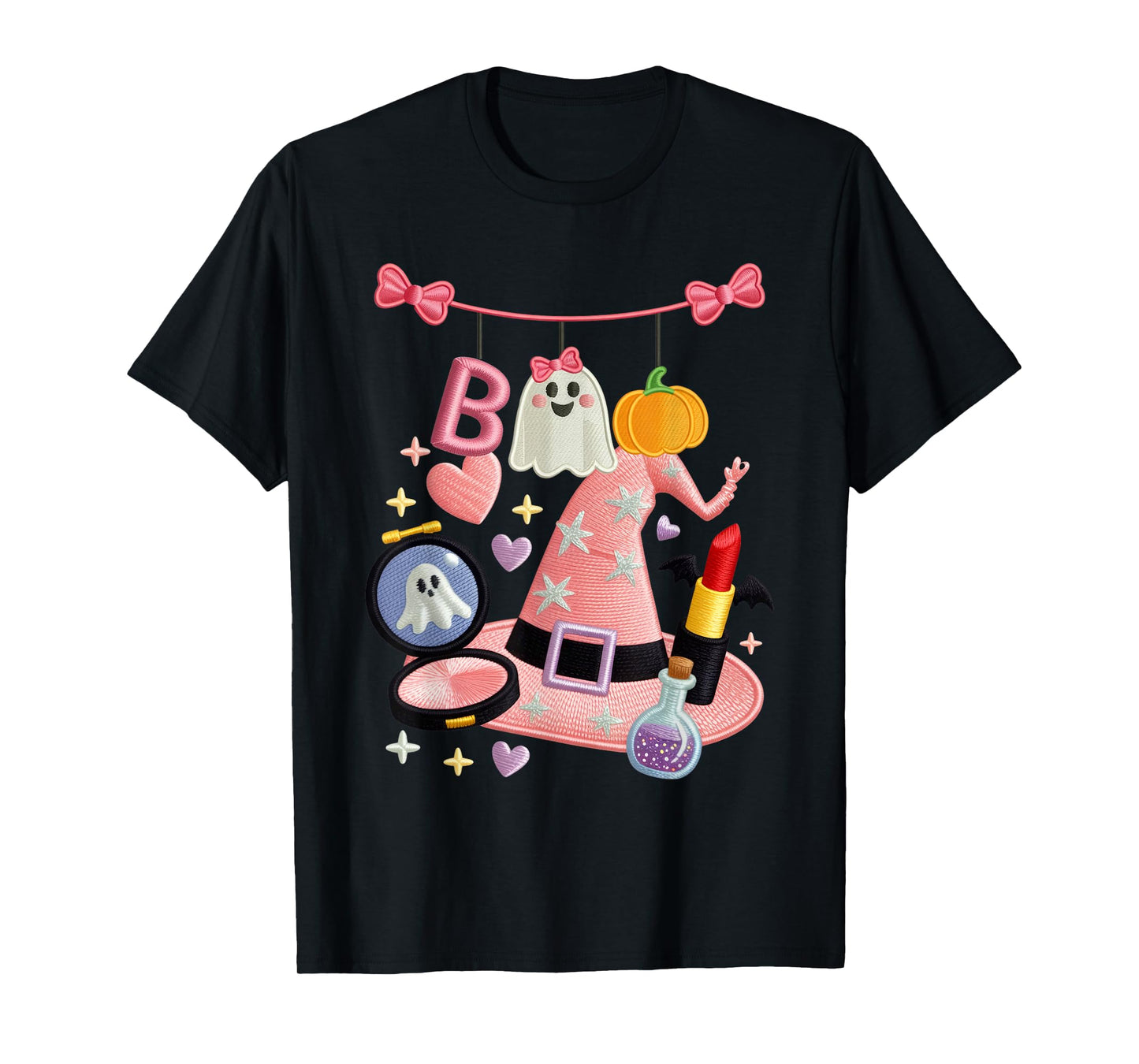Boho Coquette Bow Halloween Makeup Witch Hat Ghost Cute Fun T-Shirt
