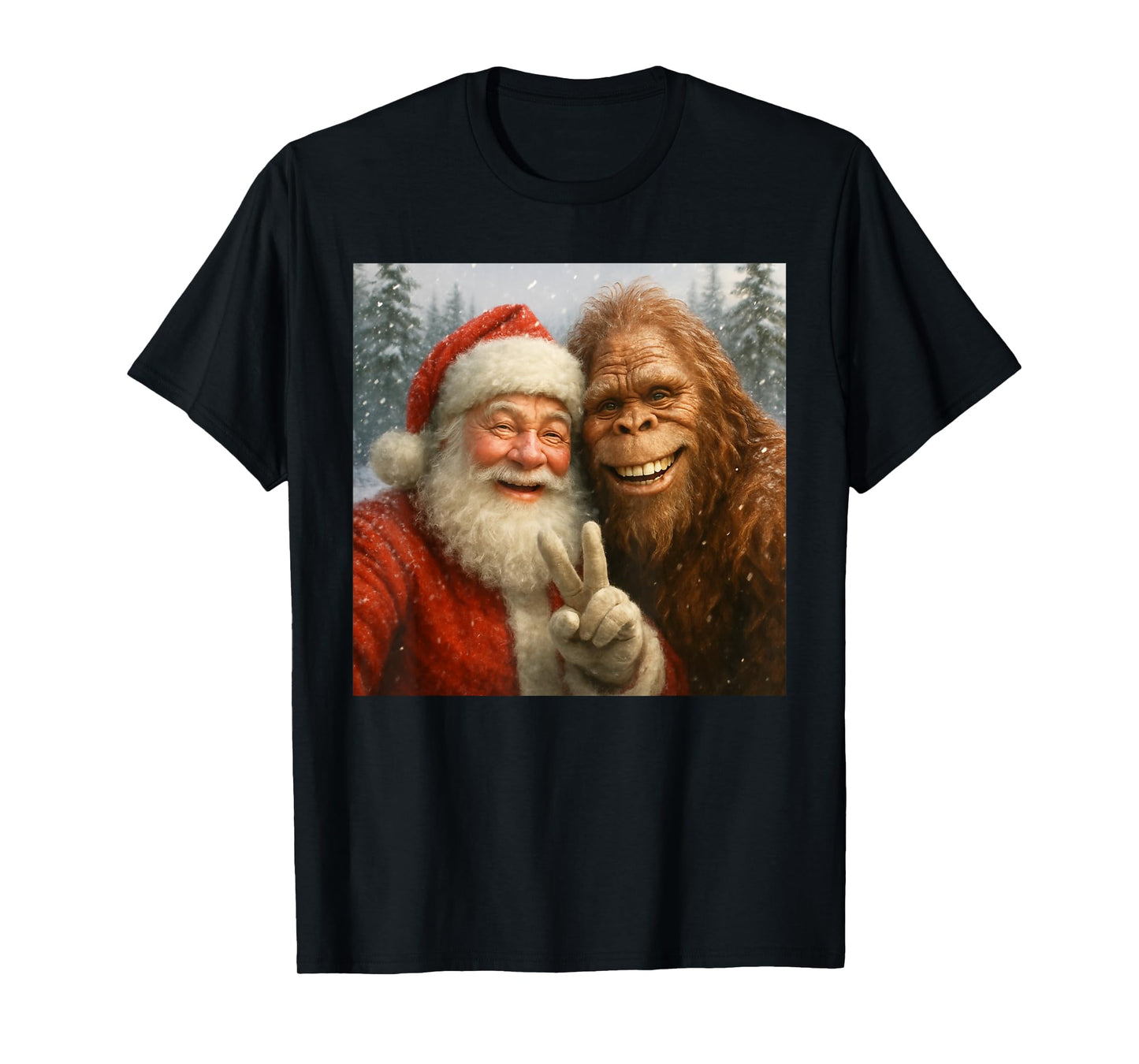 Funny Cat Selfie with Santa Claus & Bigfoot Meme T-Shirt