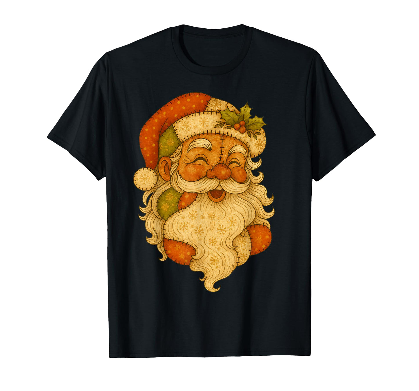 Patchwork Santa Claus Face Vintage Christmas Folk Art T-Shirt