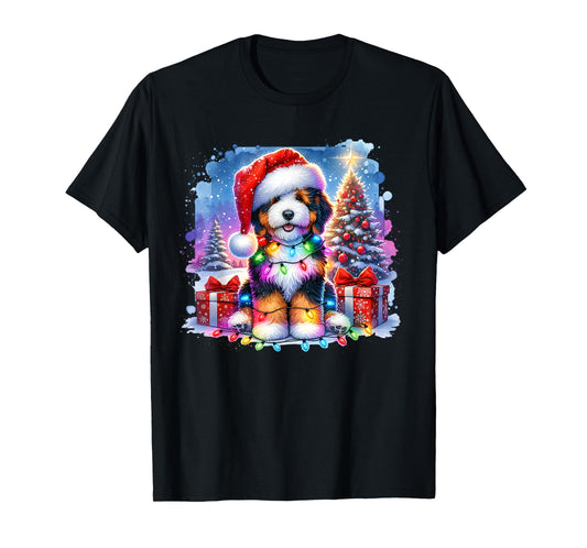 Festive Bernedoodle Dog Santa Hat Christmas Tree Lights T-Shirt