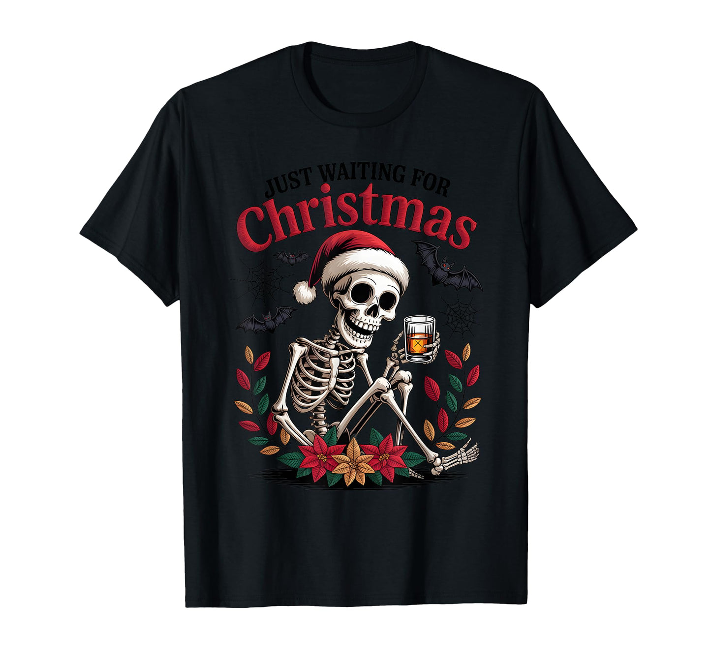 Just Waiting for Christmas Skeleton Santa T-Shirt