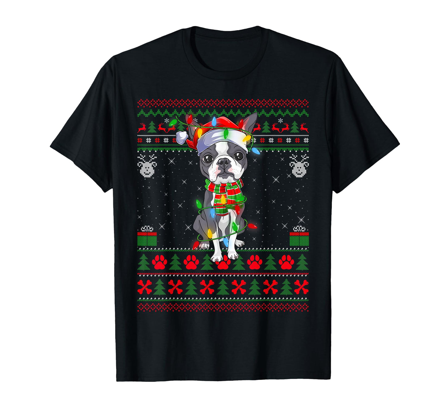 Boston Terrier Dog Ugly Christmas Sweaters Lights Dog Xmas T-Shirt