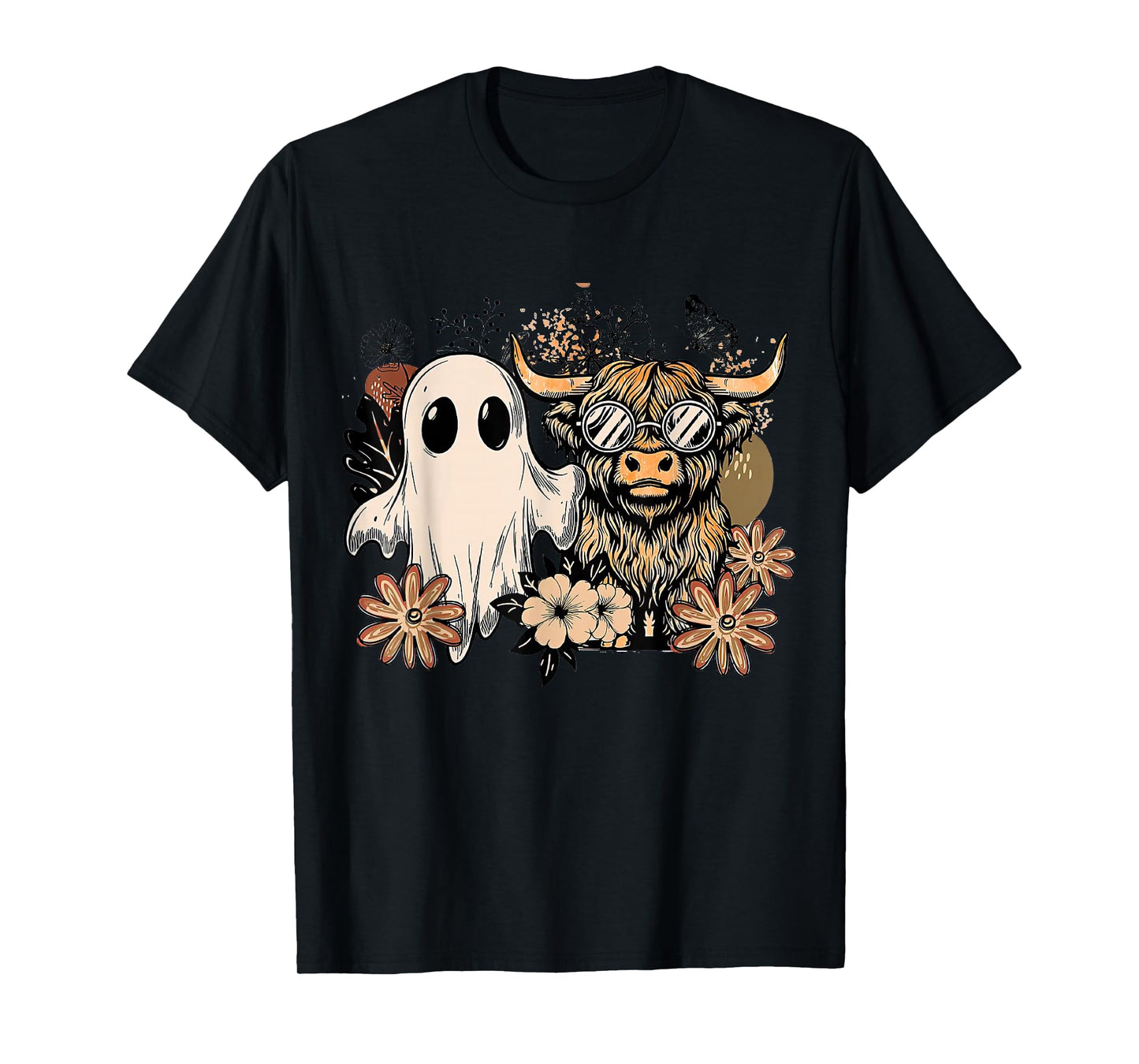 Floral Fall Highland Cow Ghost Boho Pumpkin Halloween T-Shirt