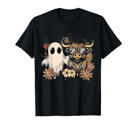 Floral Fall Highland Cow Ghost Boho Pumpkin Halloween T-Shirt