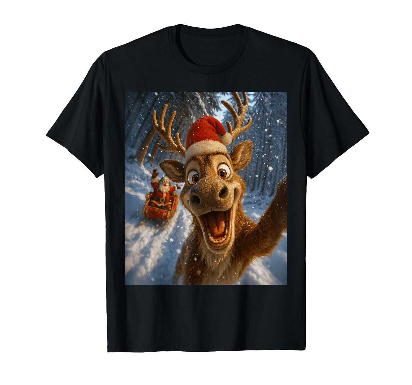 Funny Reindeer Selfie Santa Merry Christmas Men Women Kids T-Shirt