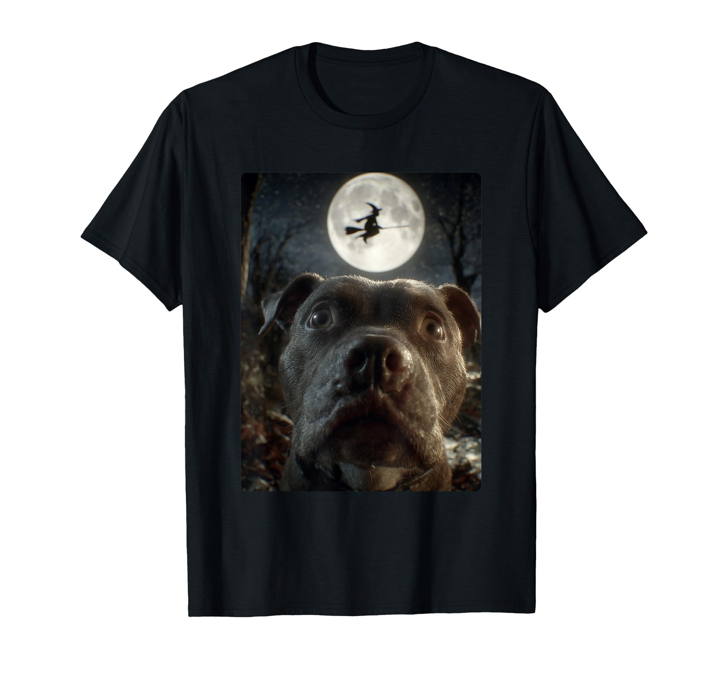 Funny Pit Bull Selfie Full Moon Flying Witch Halloween Dog T-Shirt