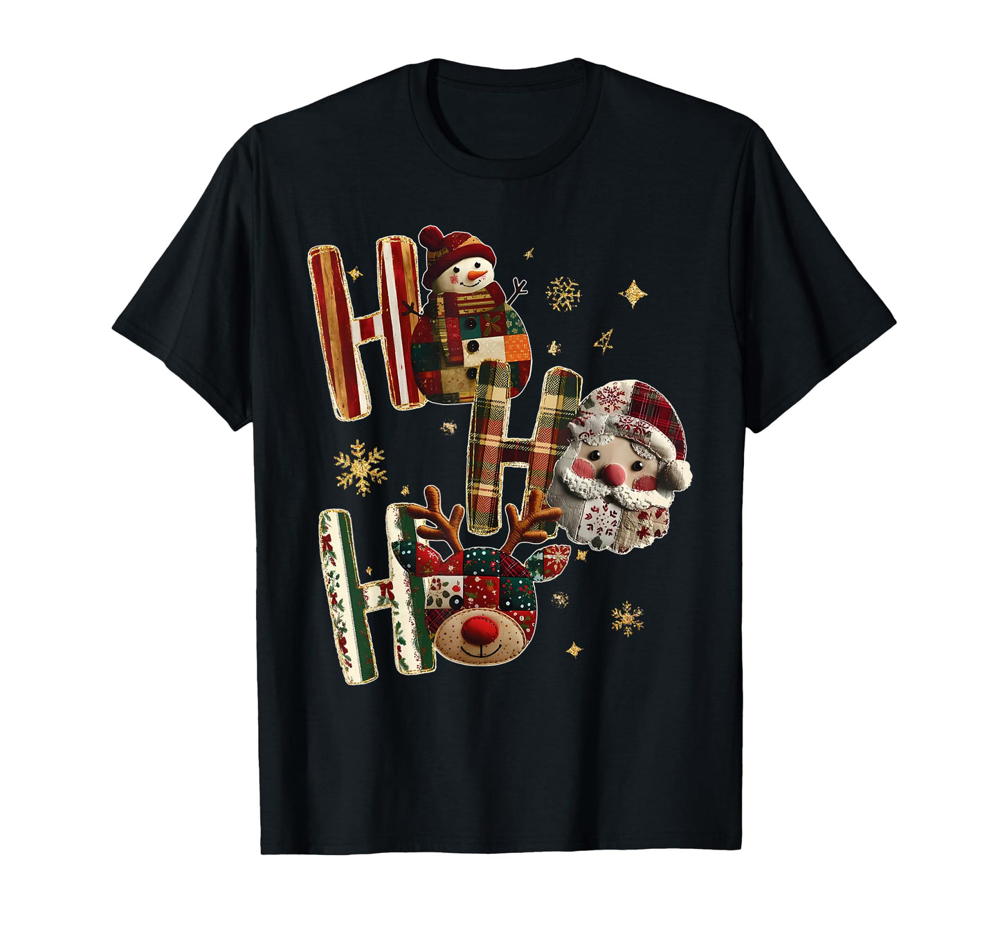 Patchwork Santa Claus Reindeer Snowman Quilters Christmas T-Shirt