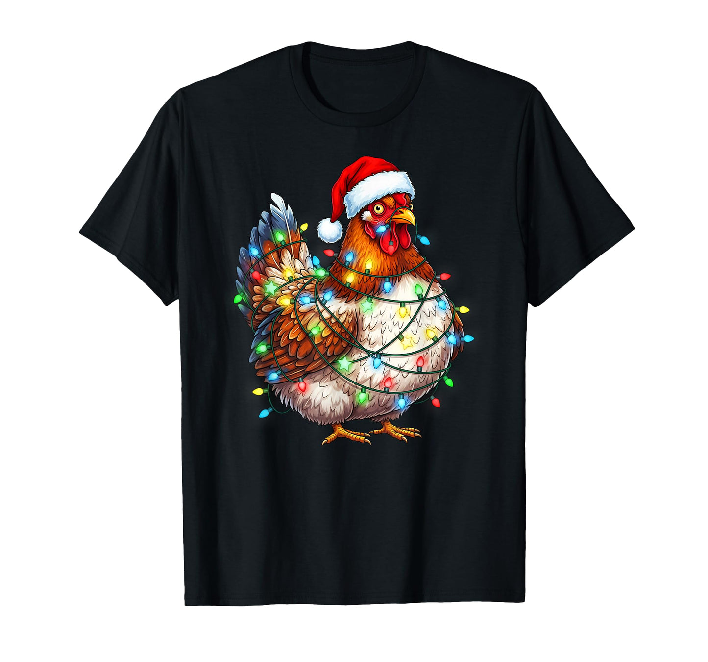 Funny Chicken Christmas Lights Santa Hat Farmer T-Shirt