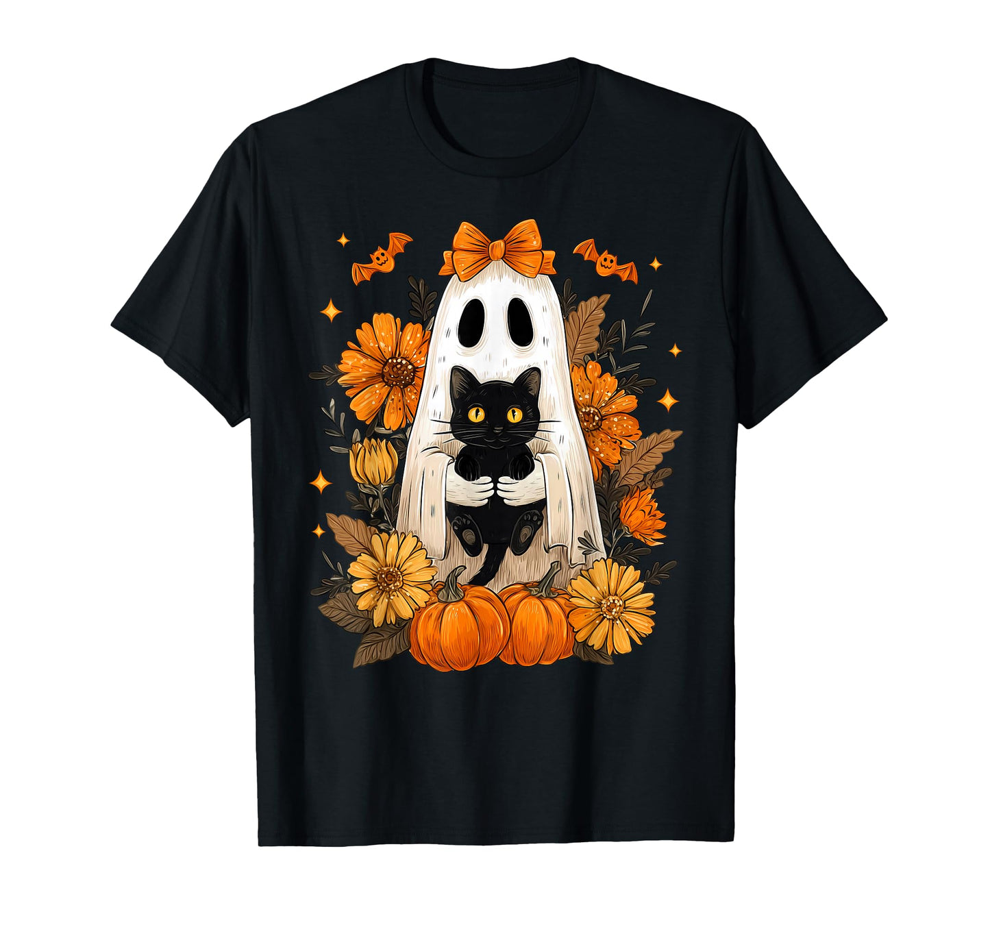 Halloween Groovy Floral Cute Bow Ghost Black Cat Pumpkin T-Shirt
