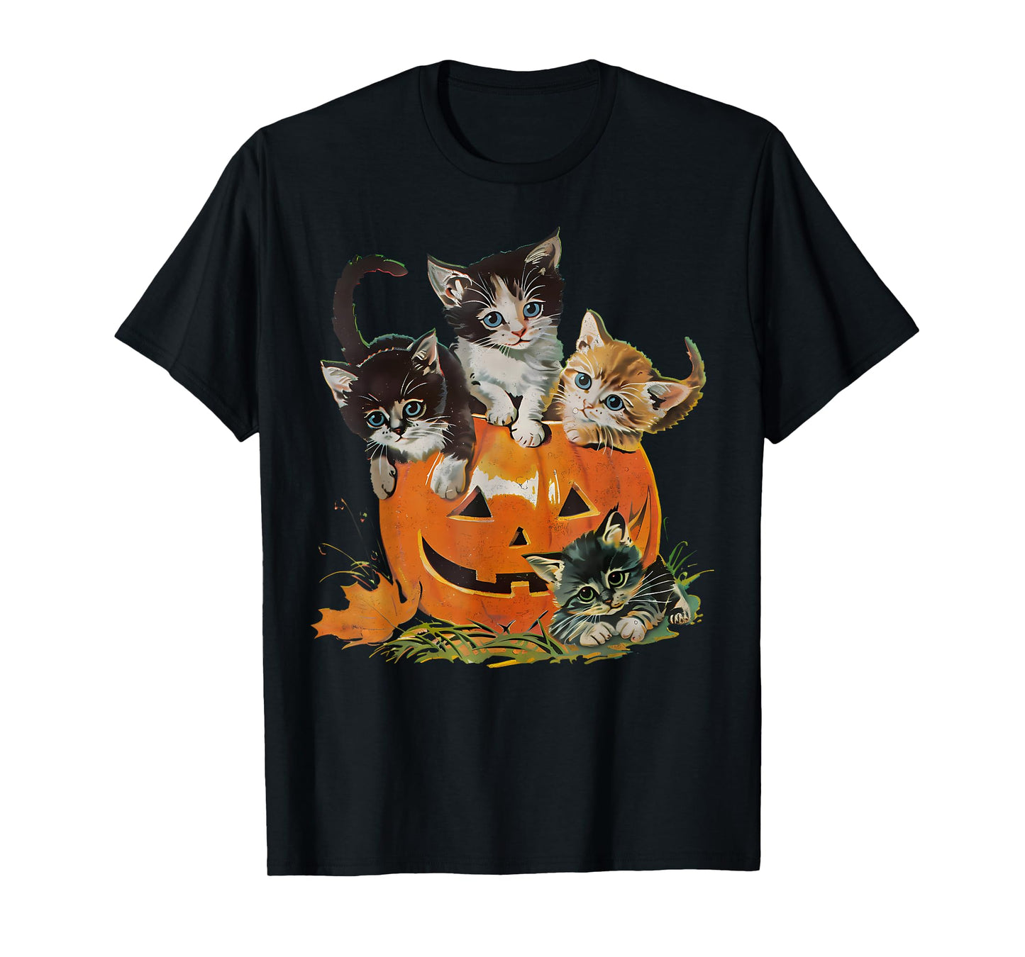 Vintage 90s Cat Pumpkin Halloween Retro Floral Spooky Season T-Shirt