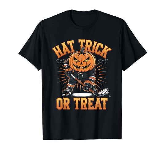 Halloween Hat Tricks Or Treat Ice Hockey Player Pumpkin Head T-Shirt