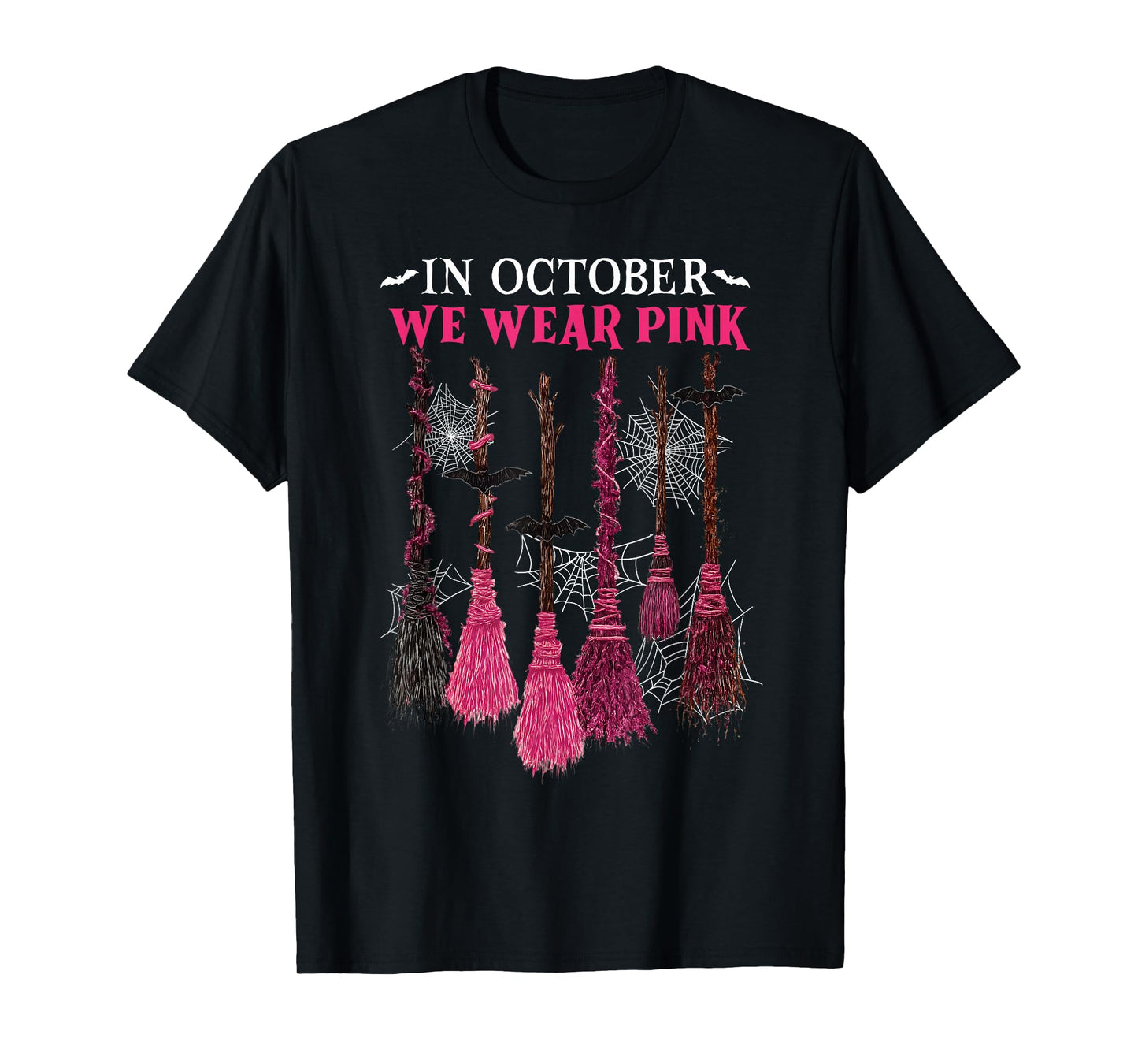 in October We Wear Pink Witch Broom Breast Cancer Halloween T-Shirt