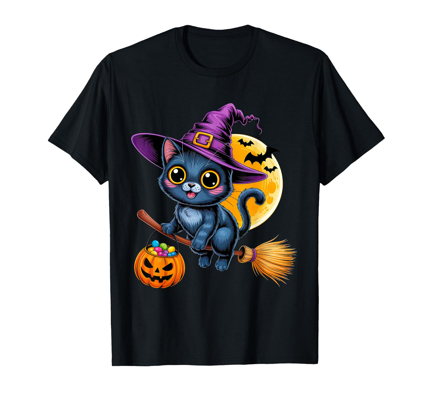 Cat Witch Hat Halloween Moon Pumpkin T-Shirt