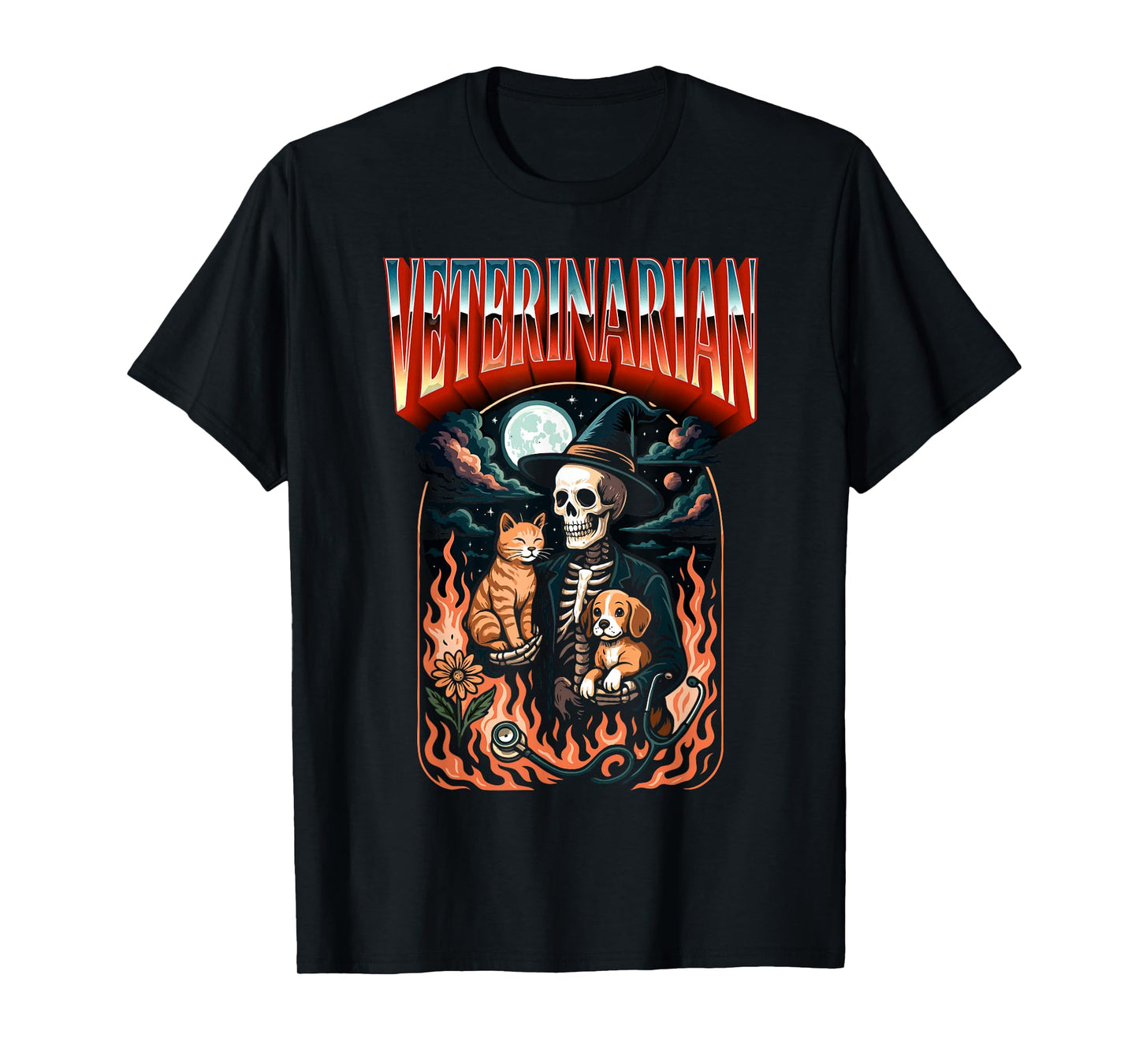 Spooky Veterinarian Skeleton with Cat & Dog Halloween T-Shirt