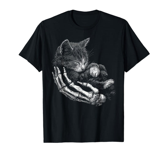 Vintage Skeleton Hand Hugging Kitten Halloween Cat T-Shirt