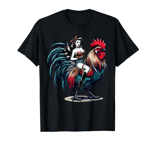Pin-Up Girl Riding Rooster Vintage Patriotic T-Shirt
