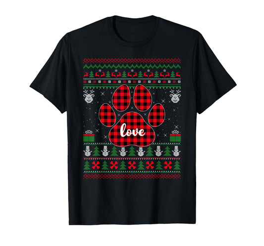 Dog Paw Ugly Christmas Sweaters Buffalo Plaid Love Dog Xmas T-Shirt