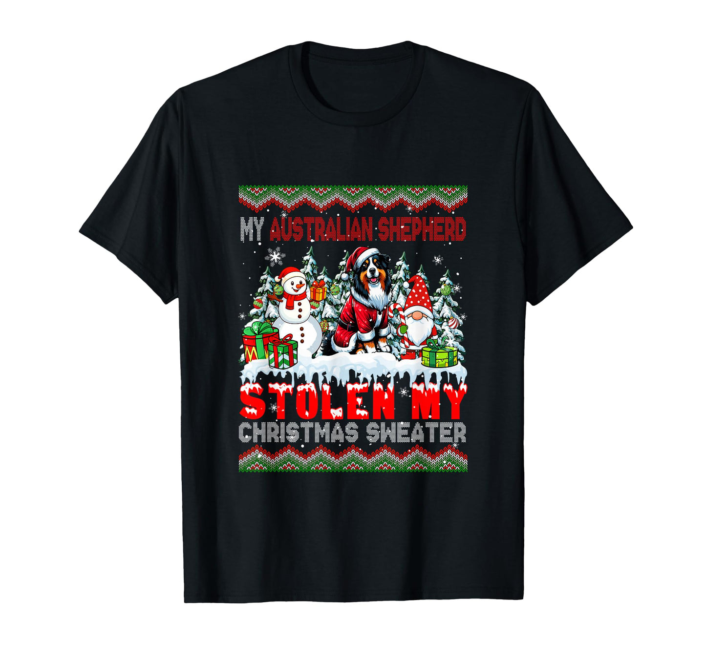 Australian Shepherd Stolen Christmas Sweater Santa Dog Gnome T-Shirt
