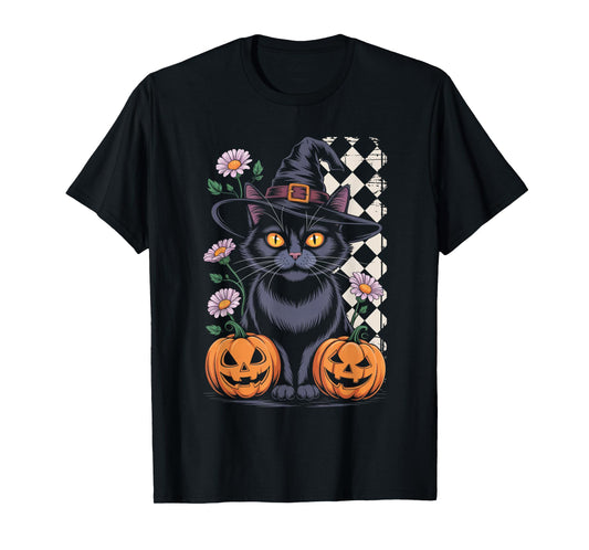 Cute Witch Cat Halloween Pumpkin Floral Aesthetic Tee T-Shirt