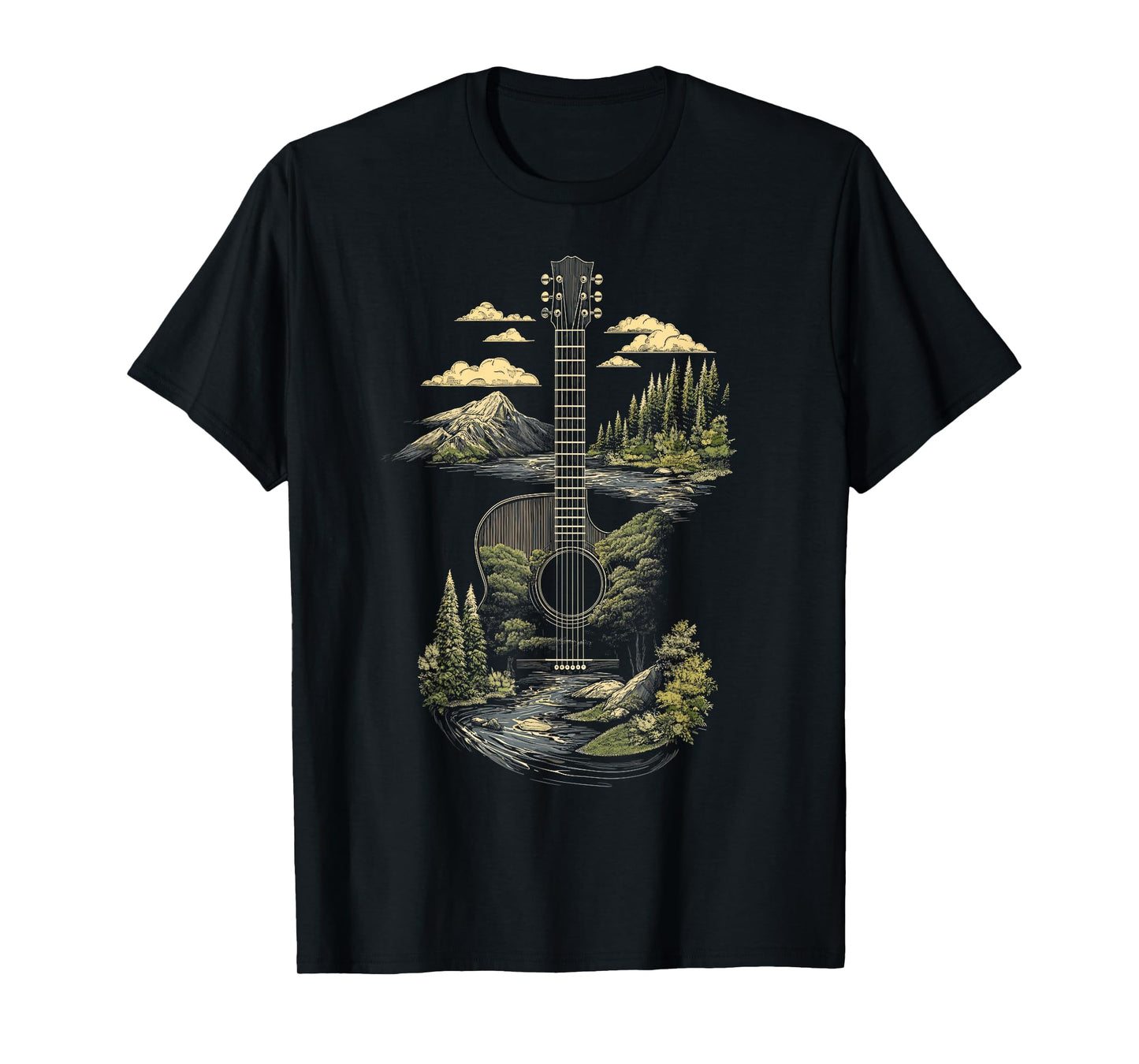 Acoustic Guitar Nature Forest Mountain Art T-Shirt