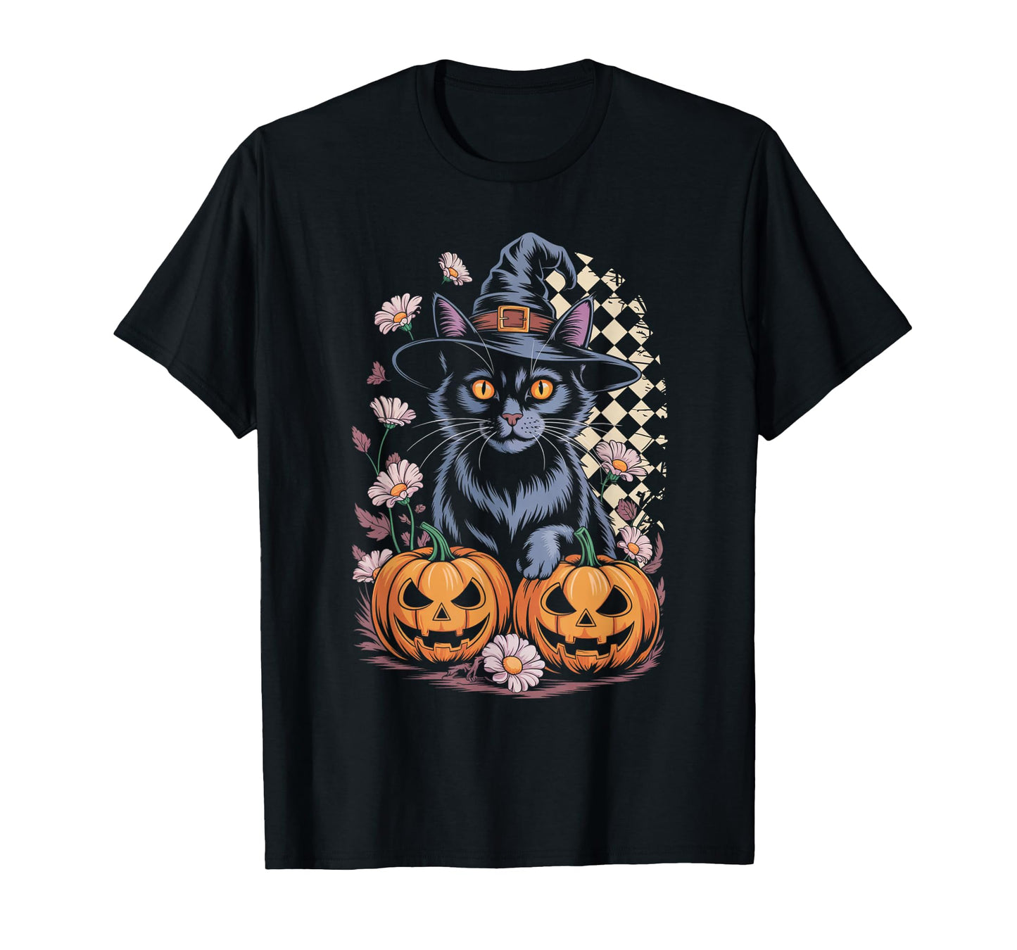Cute Witch Cat Halloween Pumpkin Floral Aesthetic Tee T-Shirt