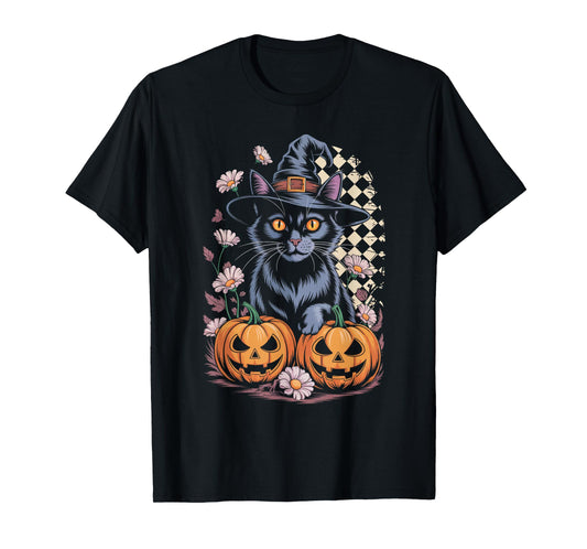 Cute Witch Cat Halloween Pumpkin Floral Aesthetic Tee T-Shirt