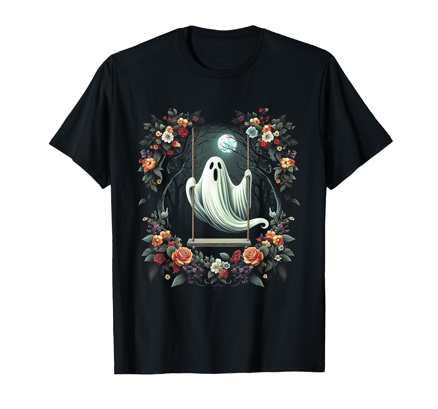 Vintage Floral Ghost On Swing In Forest Halloween Gothic T-Shirt