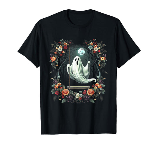 Vintage Floral Ghost On Swing In Forest Halloween Gothic T-Shirt
