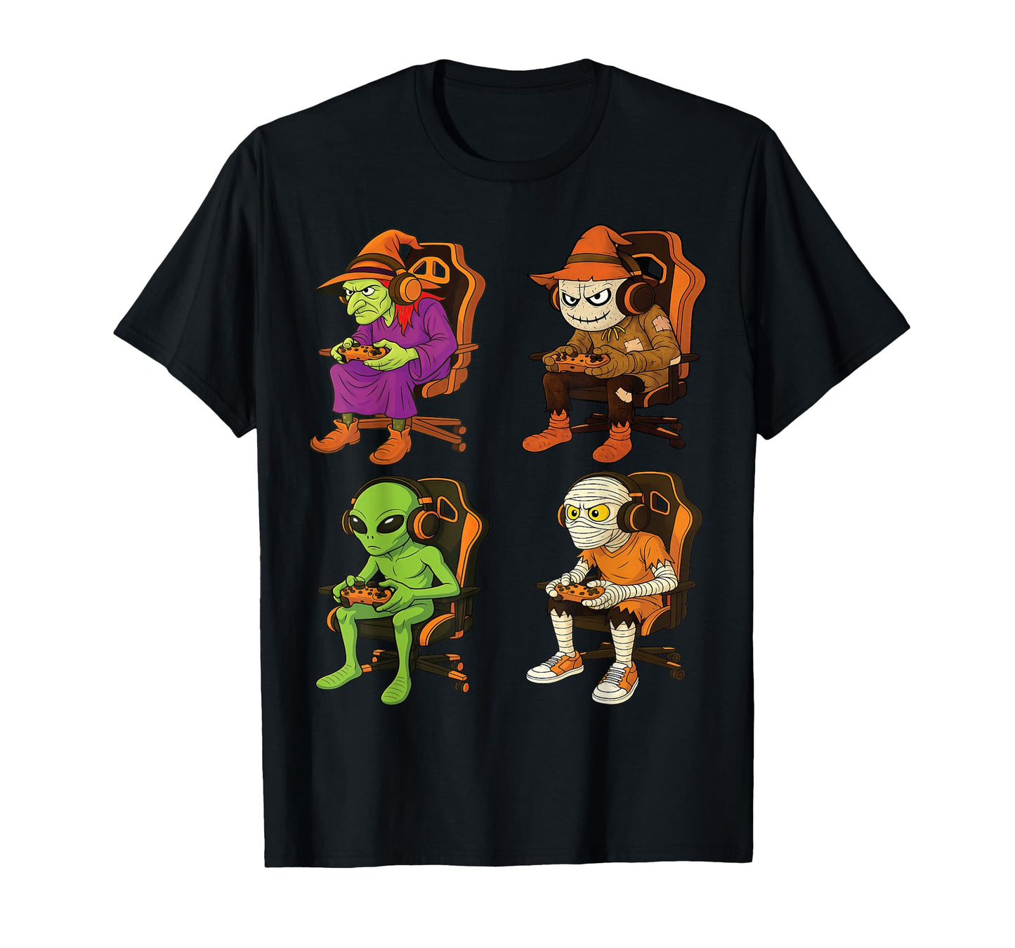 Halloween Gamer Squad Witch, Scarecrow, Alien & Mummy T-Shirt