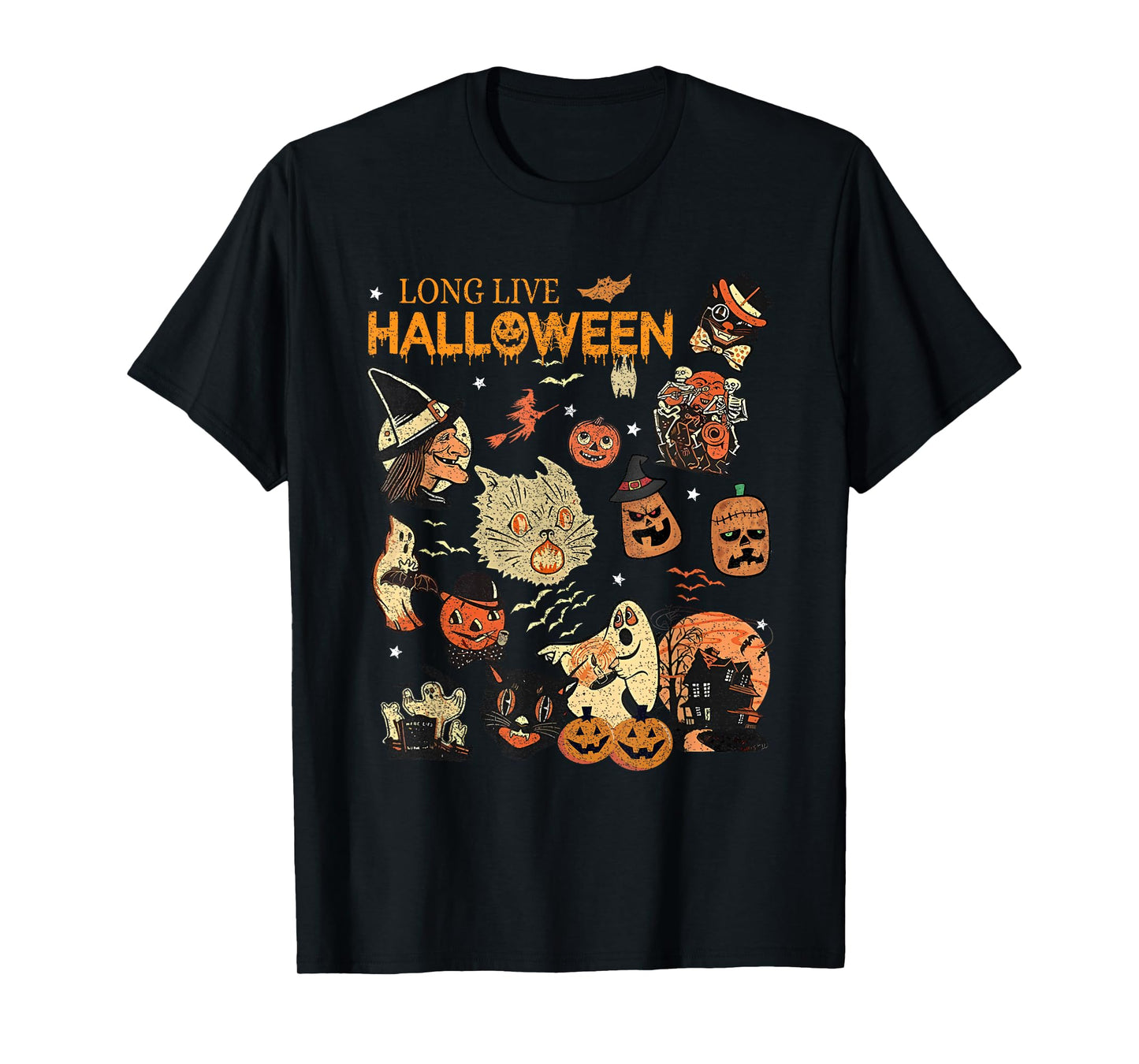 Long Live Halloween Vintage Pumpkin Witch Ghost Black Cat T-Shirt