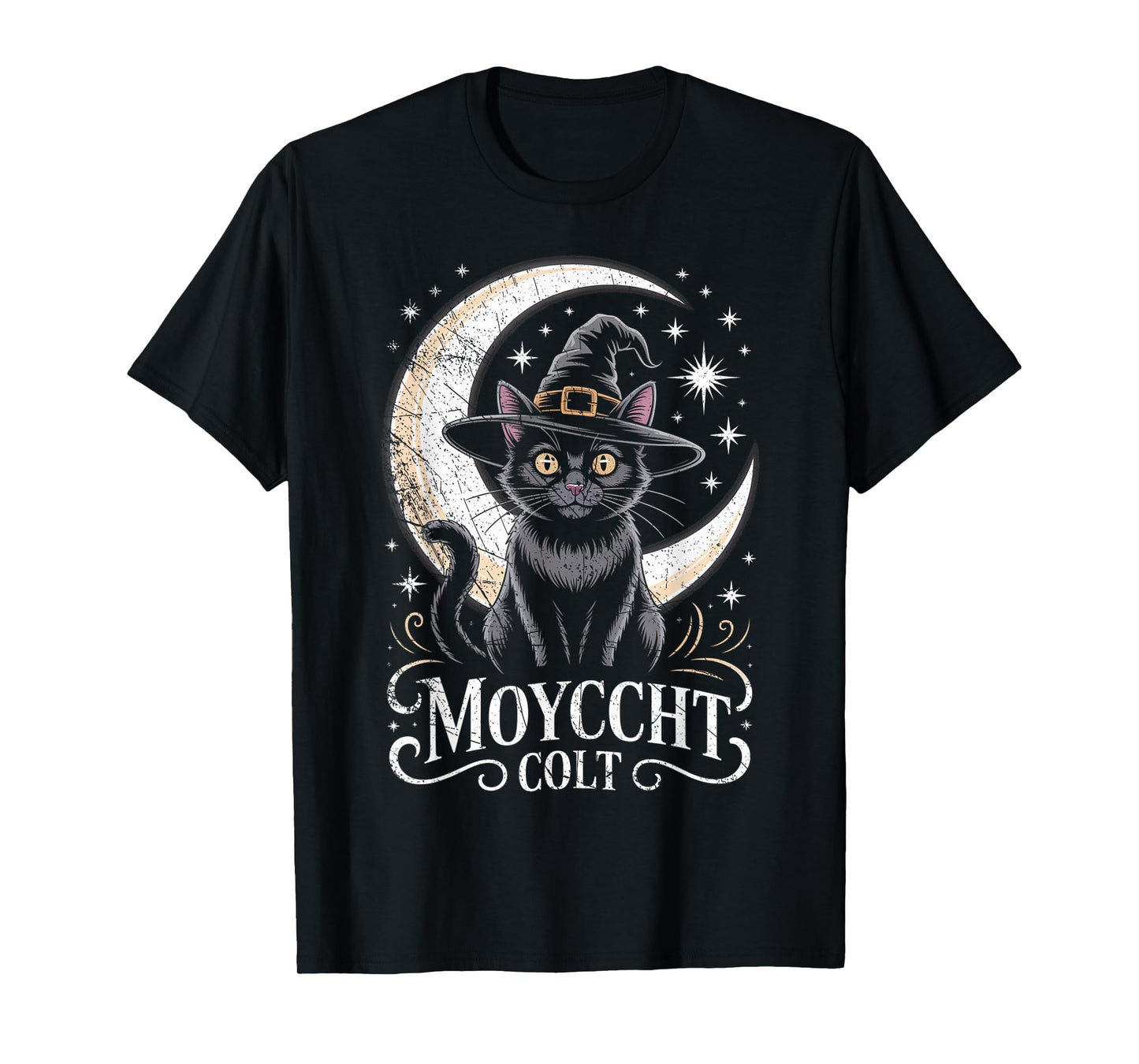 Vintage Scary Halloween Black Cat Costume Witch Hat & Moon T-Shirt
