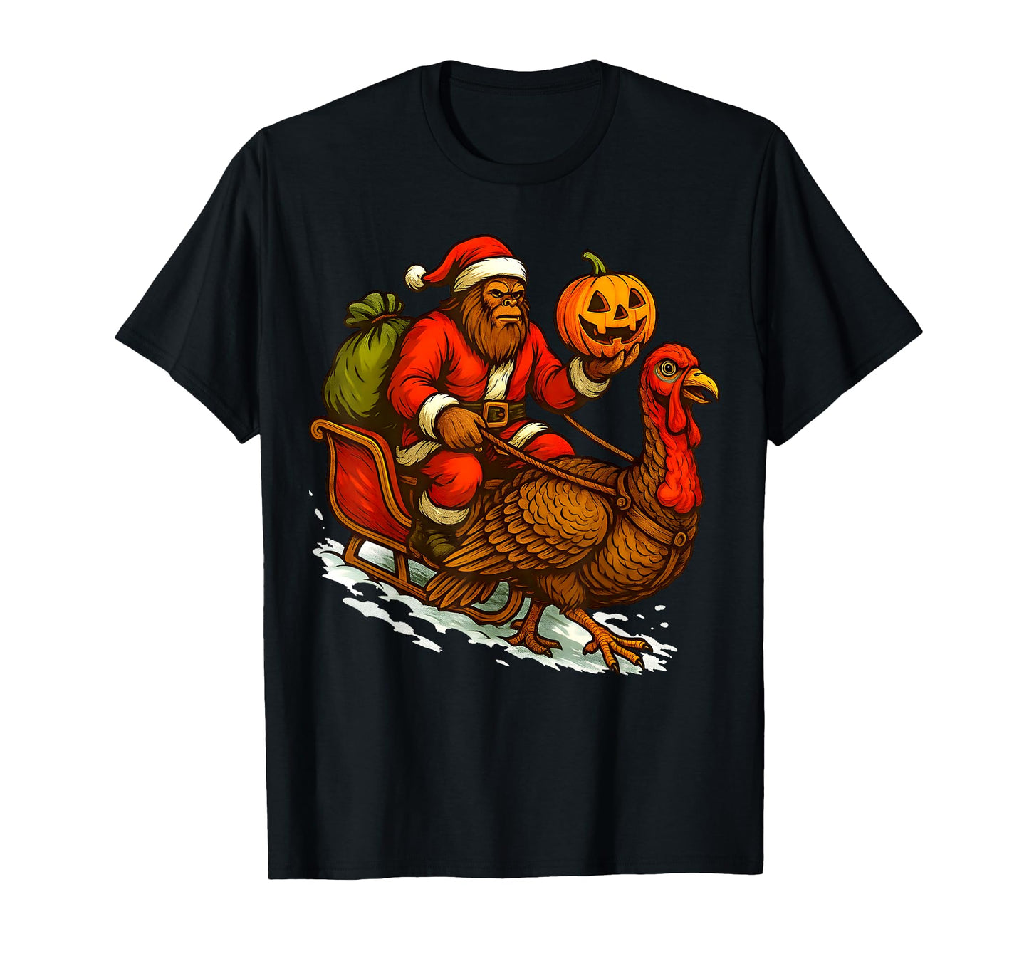 Funny Santa Bigfoot Drives a Turkey Pumpkin Halloween Xmas T-Shirt