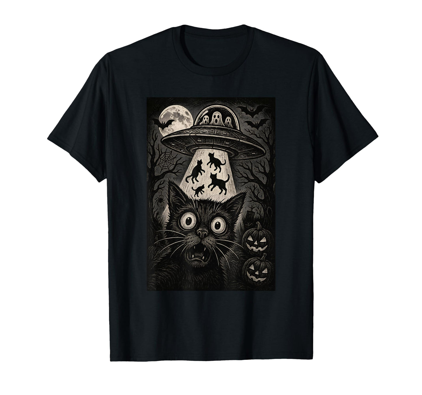Halloween Cat Selfie Scary Alien Abduction Cats UFO Flying T-Shirt