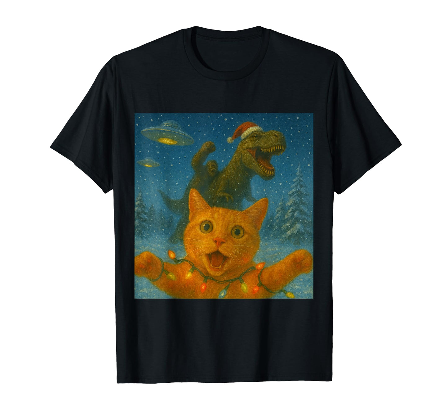 Funny Surprised Scared Cat Selfie T-Rex Dinosaur Bigfoot UFO T-Shirt