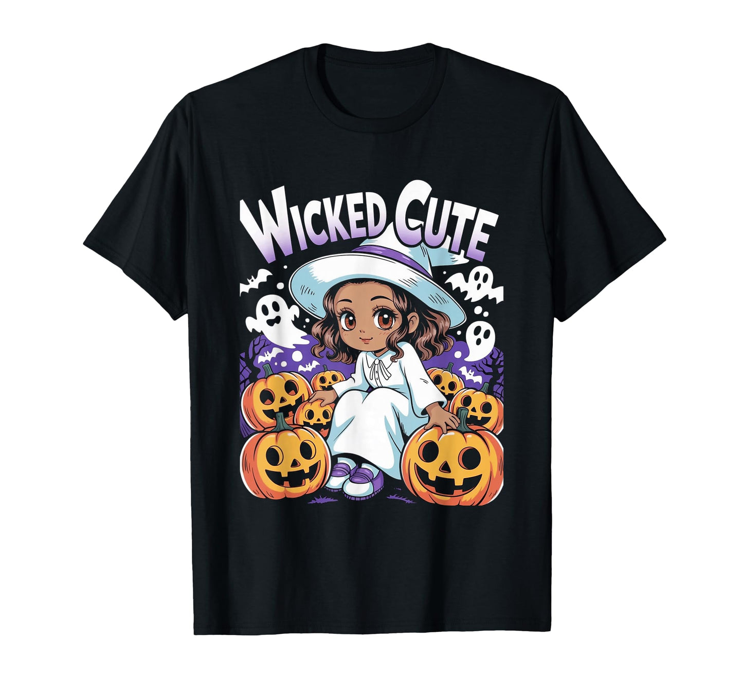Halloween Anime Black Witch Melanin Cute Pumpkin Kids Girls T-Shirt