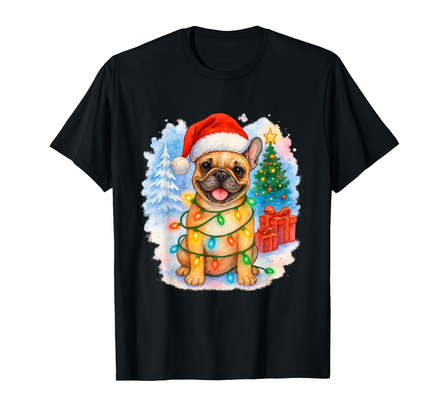 Festive French Bulldog Santa Hat Christmas Tree Lights T-Shirt