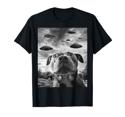Funny Dog Pitbull Selfie with UFOs Alien Novelty T-Shirt
