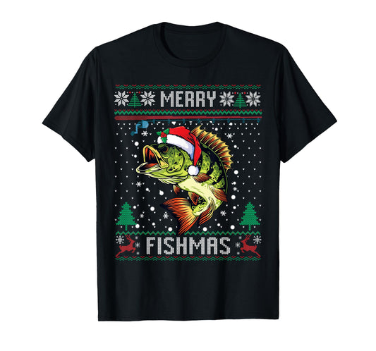 Merry Fishmas Bass Fish Fishing Christmas Ugly Sweater Xmas T-Shirt