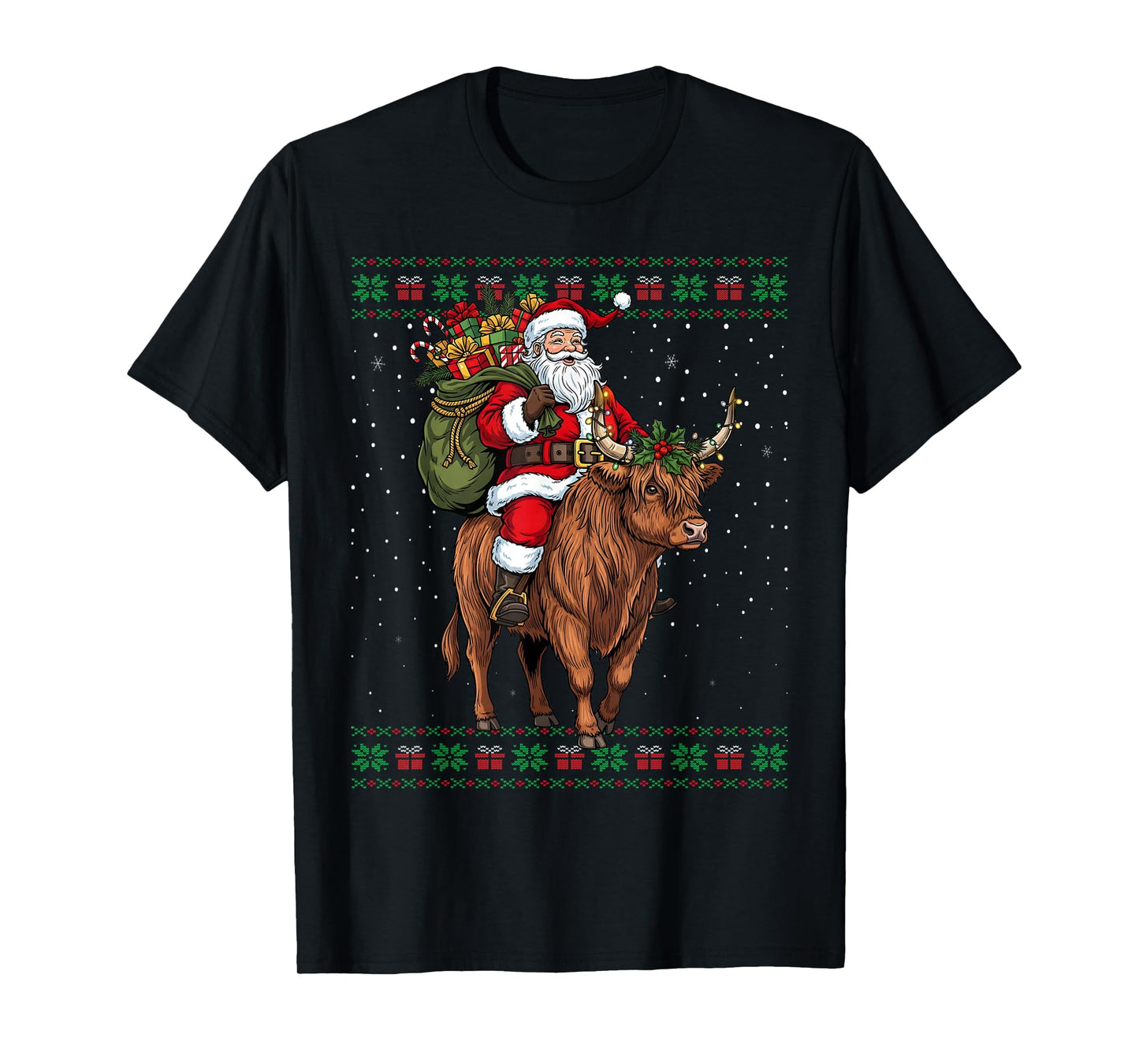 Santa Riding Highland Cow Ugly Christmas Sweater T-Shirt
