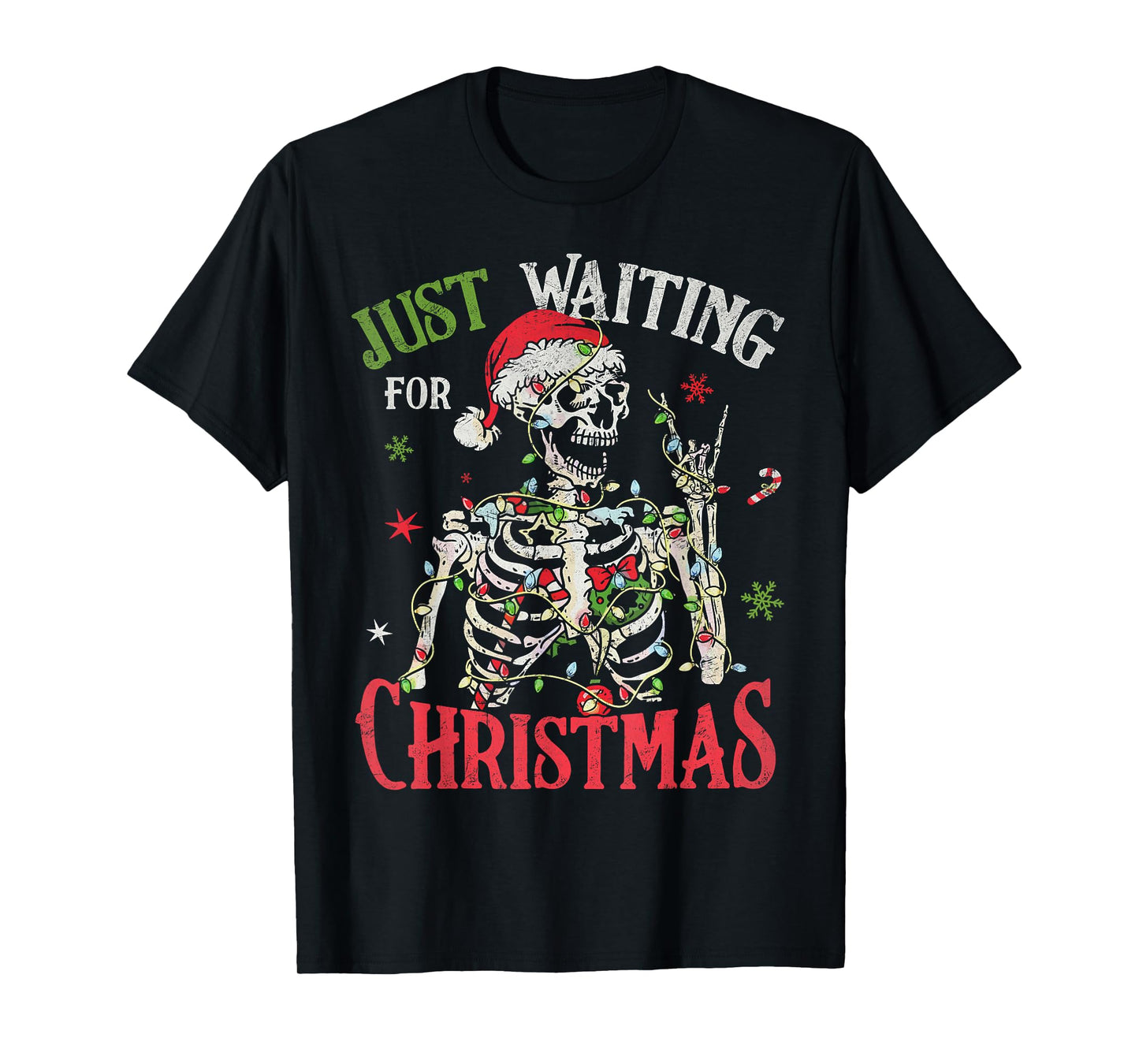 Just Waiting for Christmas Holiday Santa Claus Skeleton T-Shirt