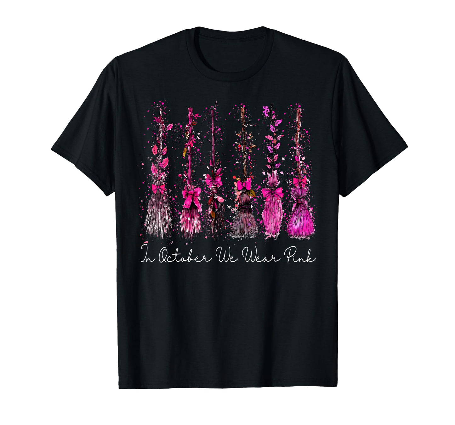 in October We Wear Pink Broom Witch Breast Cancer Halloween T-Shirt