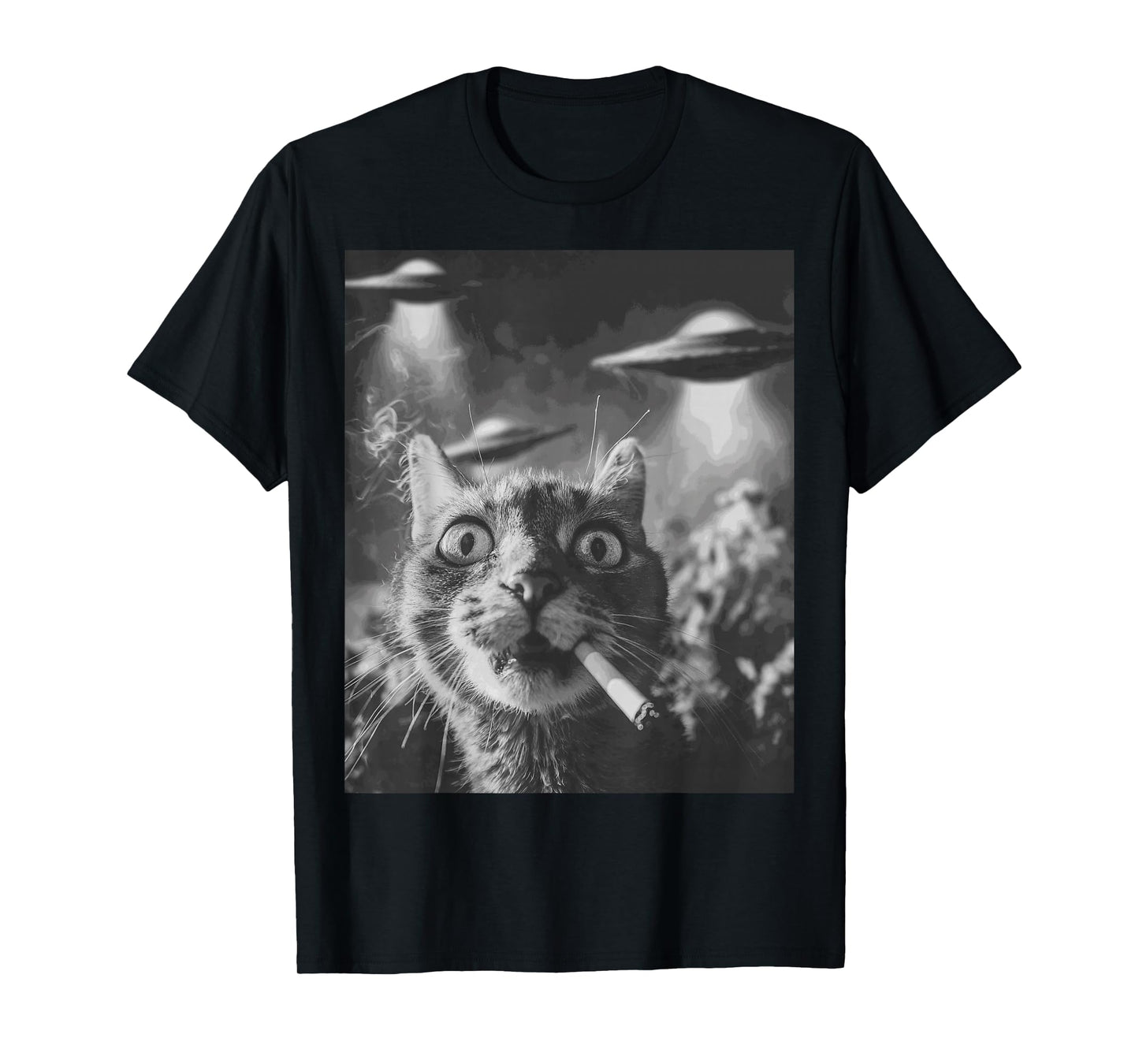 Funny Graphic Cat Smoking UFOs Funny T-Shirt