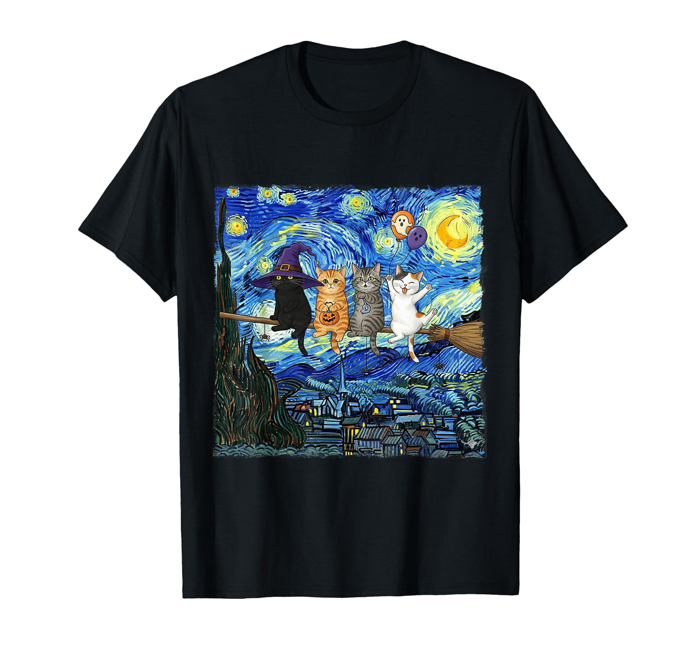 Halloween Cat Starry Night Witch Funny Cats Hanging on Broom T-Shirt