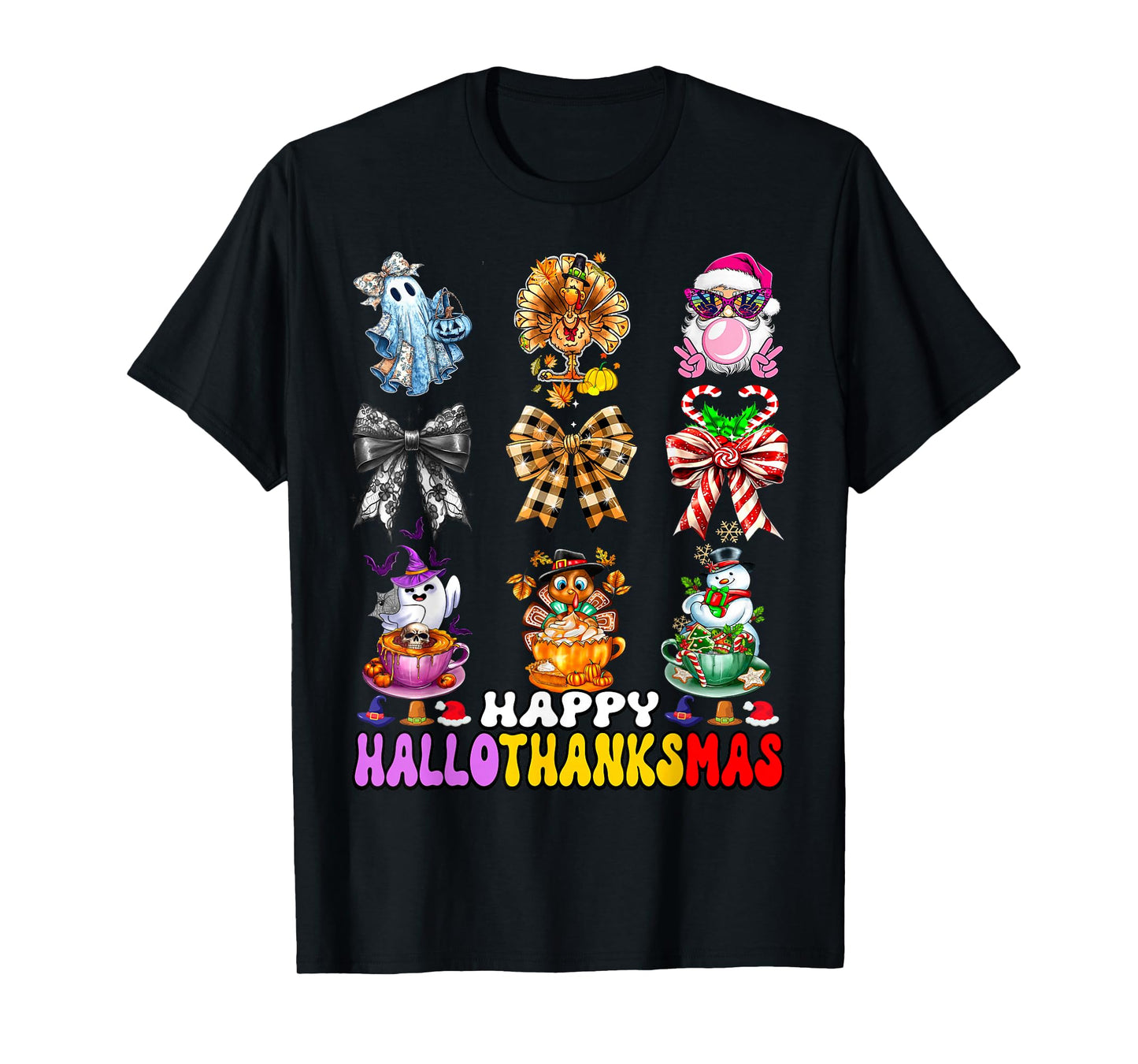 Hallothanksmas Coquette Bow Halloween Thanksgiving Christmas T-Shirt