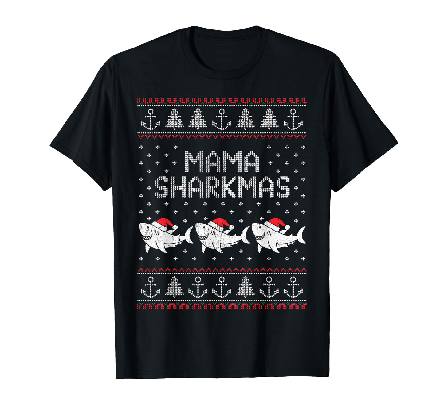 Mama Sharkmas Funny Shark Santa Hat Ugly Christmas Sweater T-Shirt