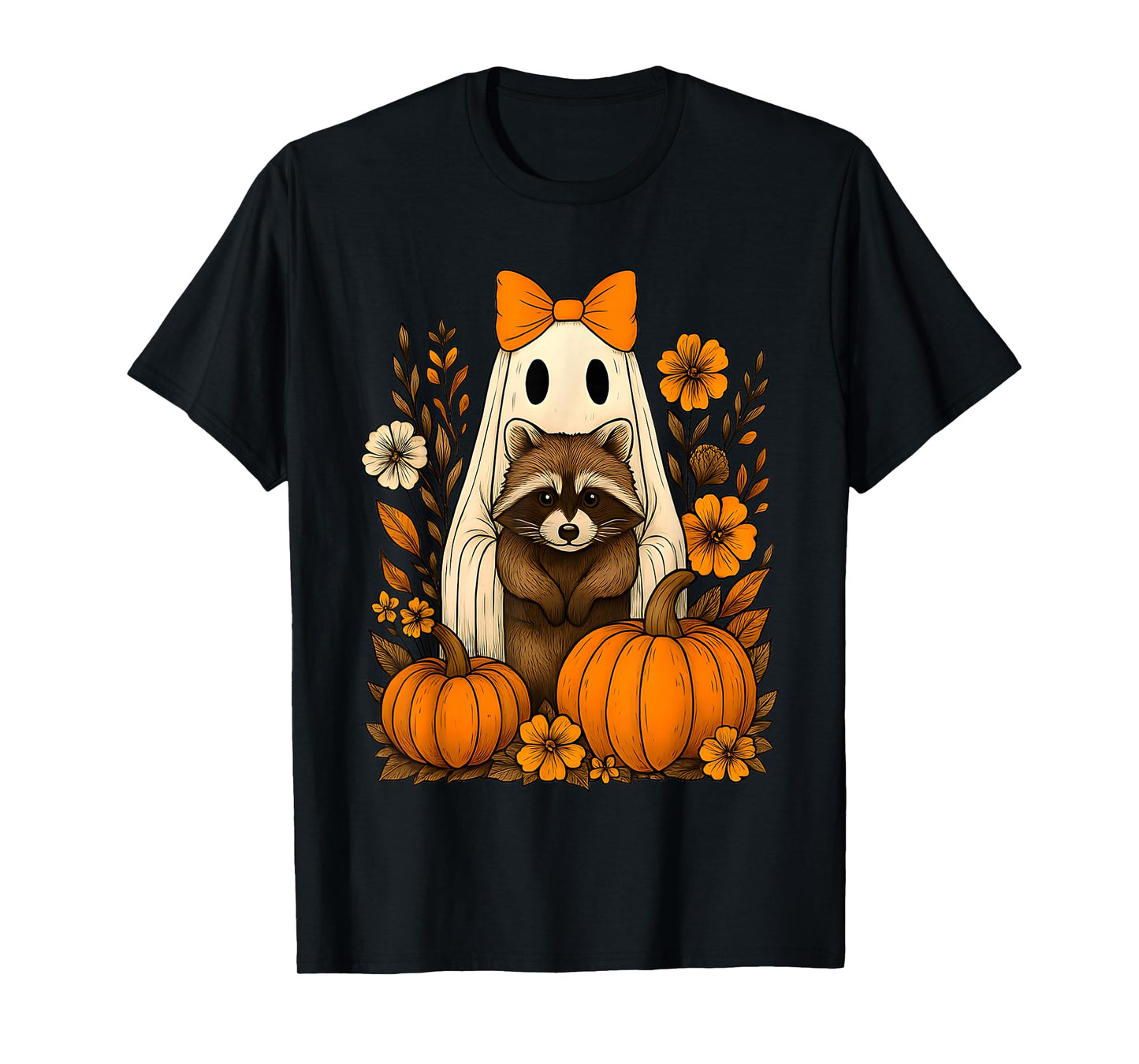 Vintage Halloween Ghost Holding Raccoon Groovy Floral Tee T-Shirt