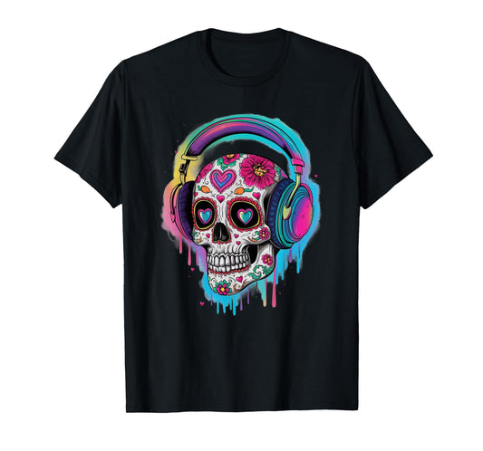 Sugar Skull Headphones Day of Dead Halloween Dia De Muertos T-Shirt