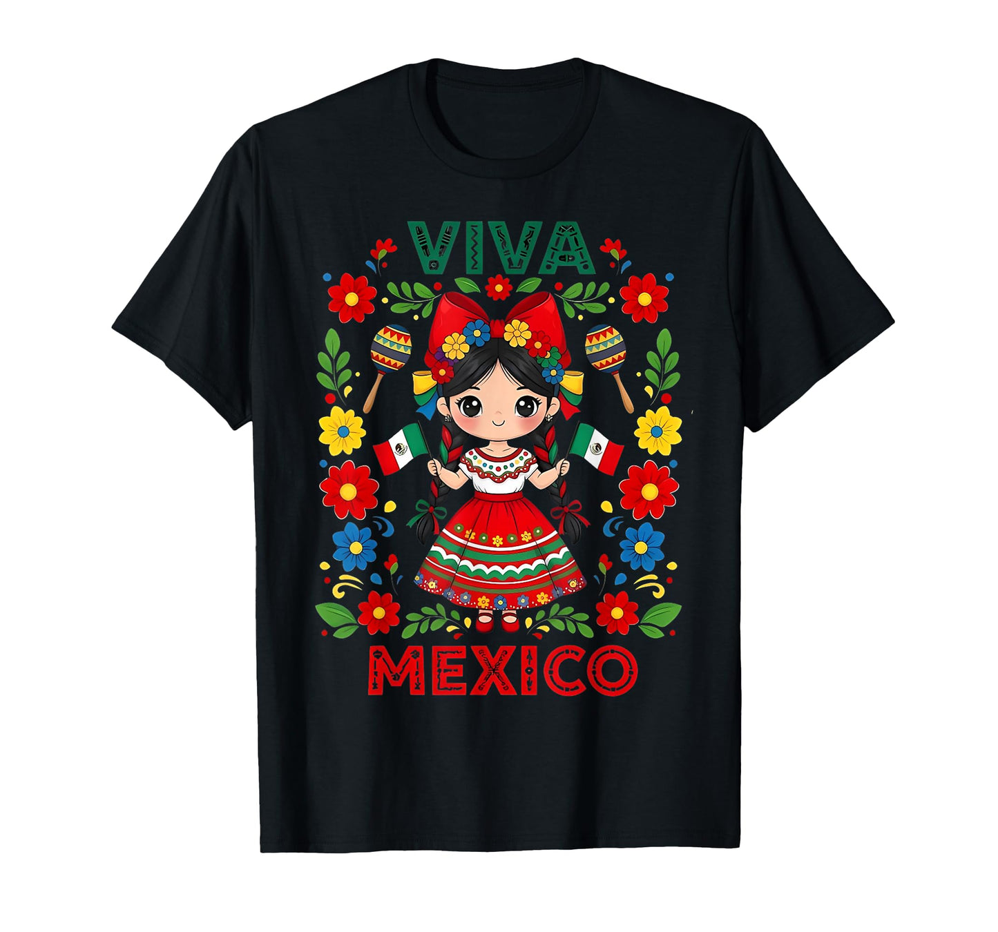 Viva Mexico Mexican Girl Flag Independence Day Girls Kids T-Shirt