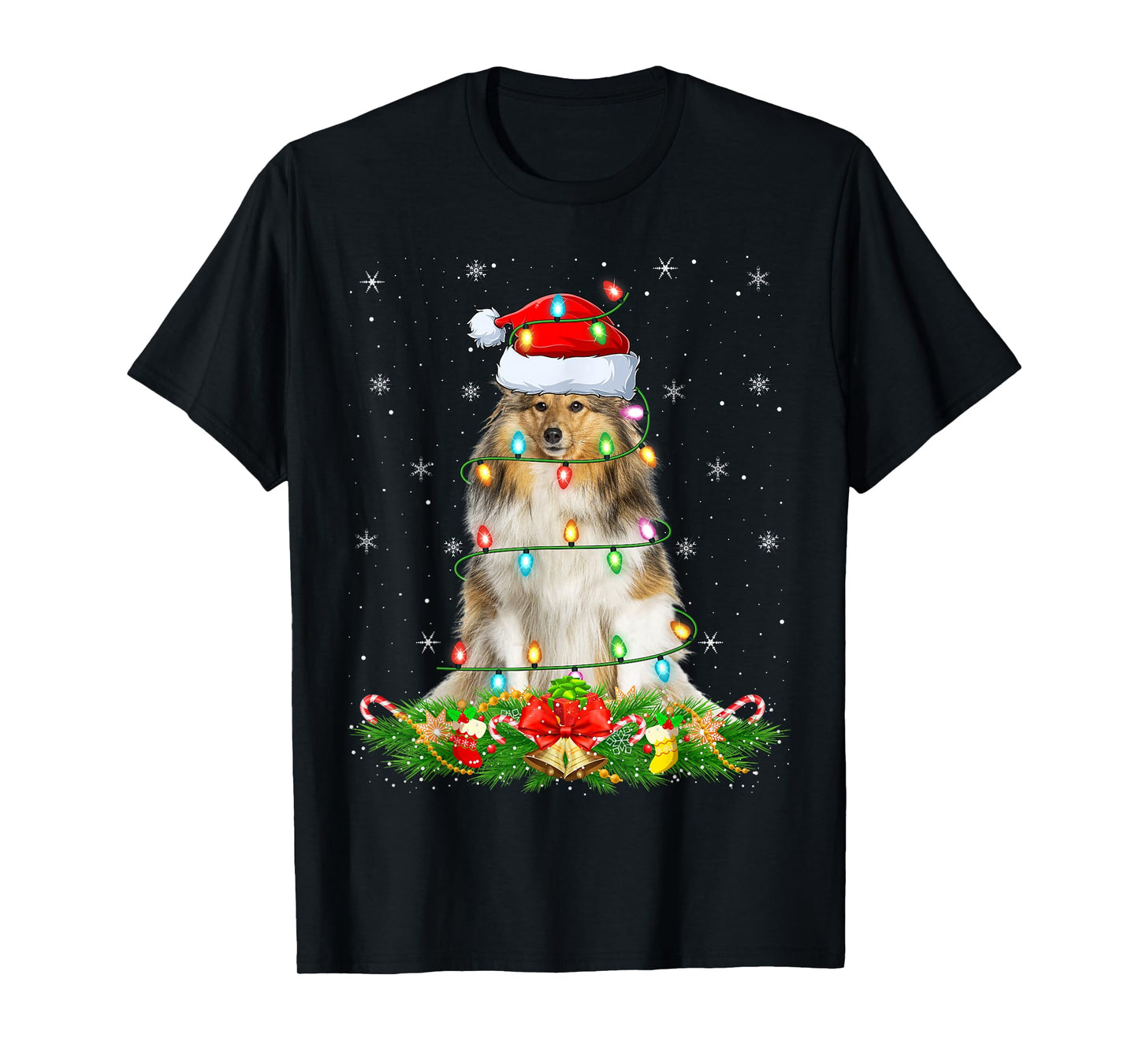 Shetland Sheepdog Christmas Lights Funny Santa Hat Xmas T-Shirt